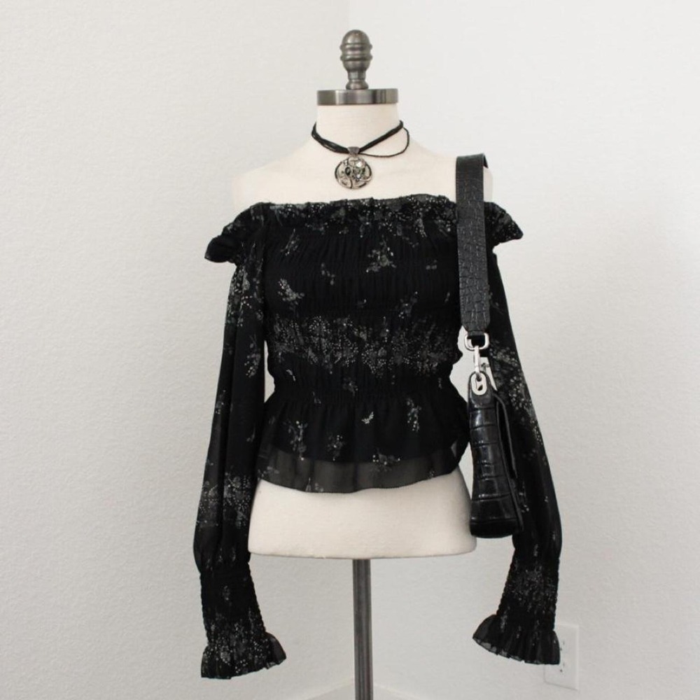 All Saints whimsygoth black off the shoulder top with ruffles and bishop sleeves